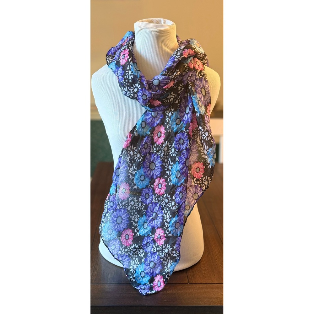 Greenbrier International Floral Scarf Purple Blue Pink Daisy Sheer Lightweight